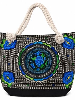 NWT Large Boho Embroidered Minky Accessories Tote Bag